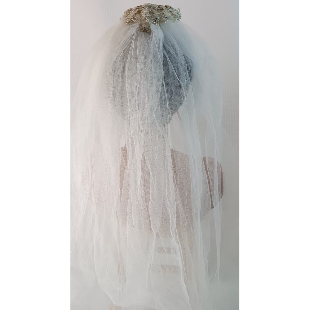 Vintage bridal wedding Tulle net beaded head piece layered long Veil 122.5" long - Picture 7 of 11